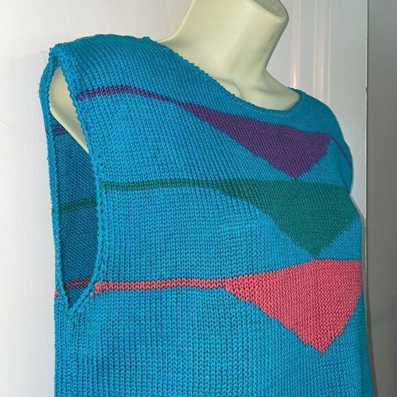 Vtg 80s Alpenblick turquoise blue cotton sleeveless sweater/ triangles on front - Picture 5 of 8